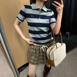 正确版原标现货MU家26早春新款蓝灰撞色条纹翻领短袖polo衫T恤女