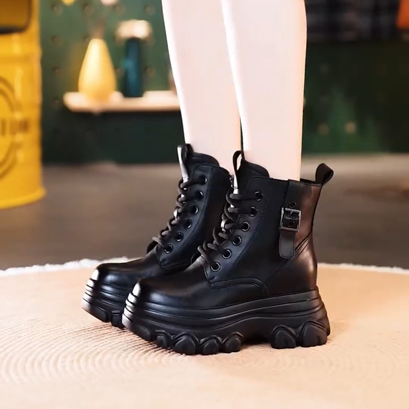 本革8センチのショートブーツの女性の厚い底の秋冬の新型のベルベットのブーツの英倫風の小さい背の内のマーティンの靴|undefined