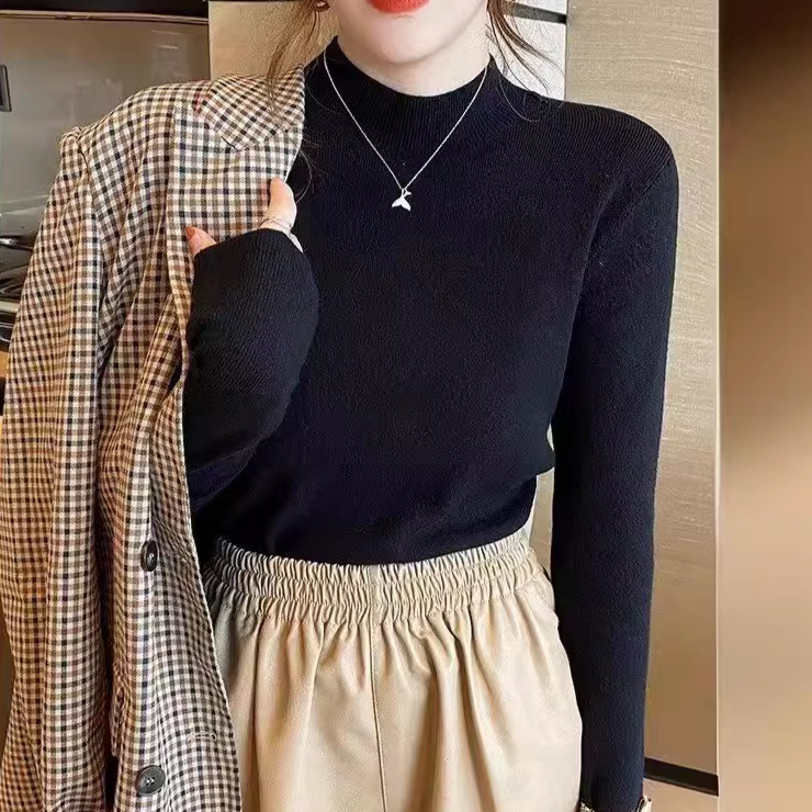 Women's Autumn and Winter Half-High Collar Slim-Fit Slimming Long-Sleeved Base-Layer Shirt Soft Waxy Sweater