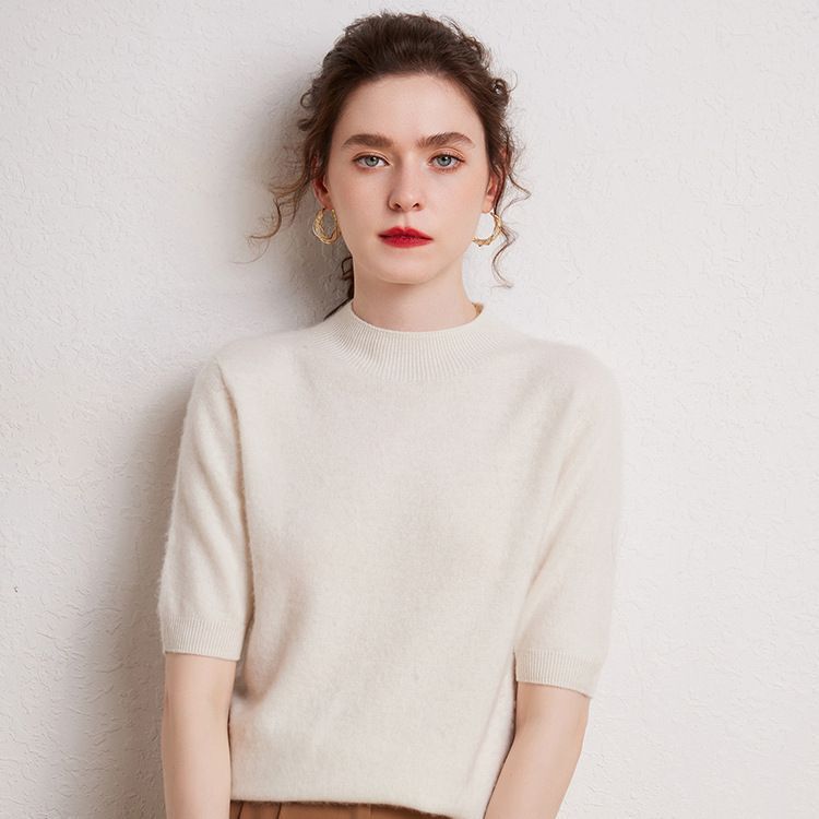 Cashmere Half-Sleeved Women's 100% Pure Cashmere Autumn and Winter New First-Line Ready-To-Wear Half Turtleneck Knitted Bottoming Short-Sleeved Sweater
