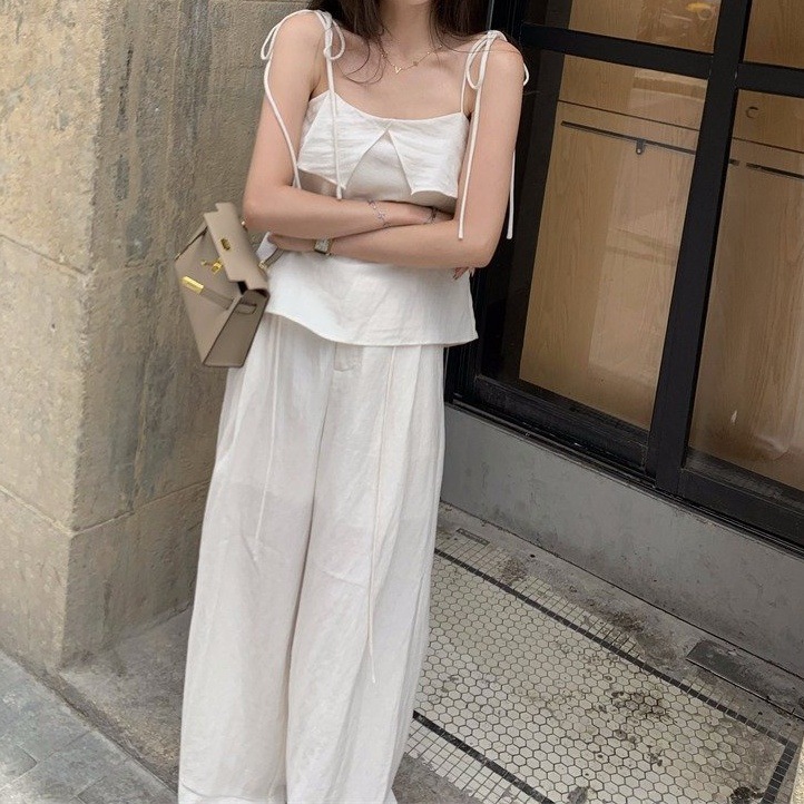 Casual Fashion For Women Summer Ruffled White Camisole Top High Waist Wide Leg Pants Two-Piece Set_ecoleips.com