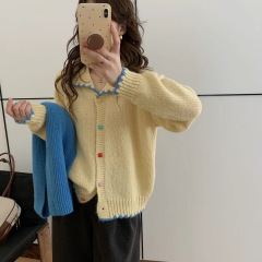 韩系拼色娃娃领彩扣针织开衫女2025秋冬新款宽松百搭软糯毛衣外套
