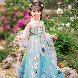 Children chinese princess dress blue pink empress cosplay hanfu han Tang antique Chinese little girl film drama cosplay outfits kimono dress for girls