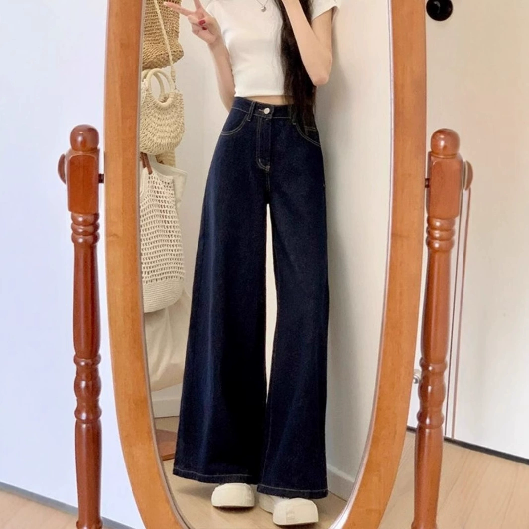 Women's Retro High-Waist Jeans Trousers, American Style, Loose Straight Fit, 92/98 cm Inseam