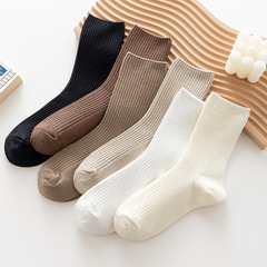 秋冬新款雙針純色棉襪日系堆堆襪女士中筒襪豎條諸暨長筒襪子批發