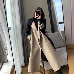 毛呢外套女长款冬季新款双面绒羊毛拼色气质赫本风显瘦大衣