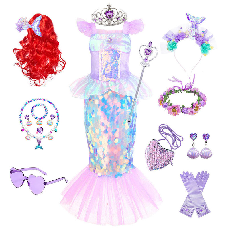 Cross-border Foreign Trade Girls Mermaid Small Flying Sleeve Sequin dress Children's Western Style Sleeveless Princess Dress Fishtail Long Dress