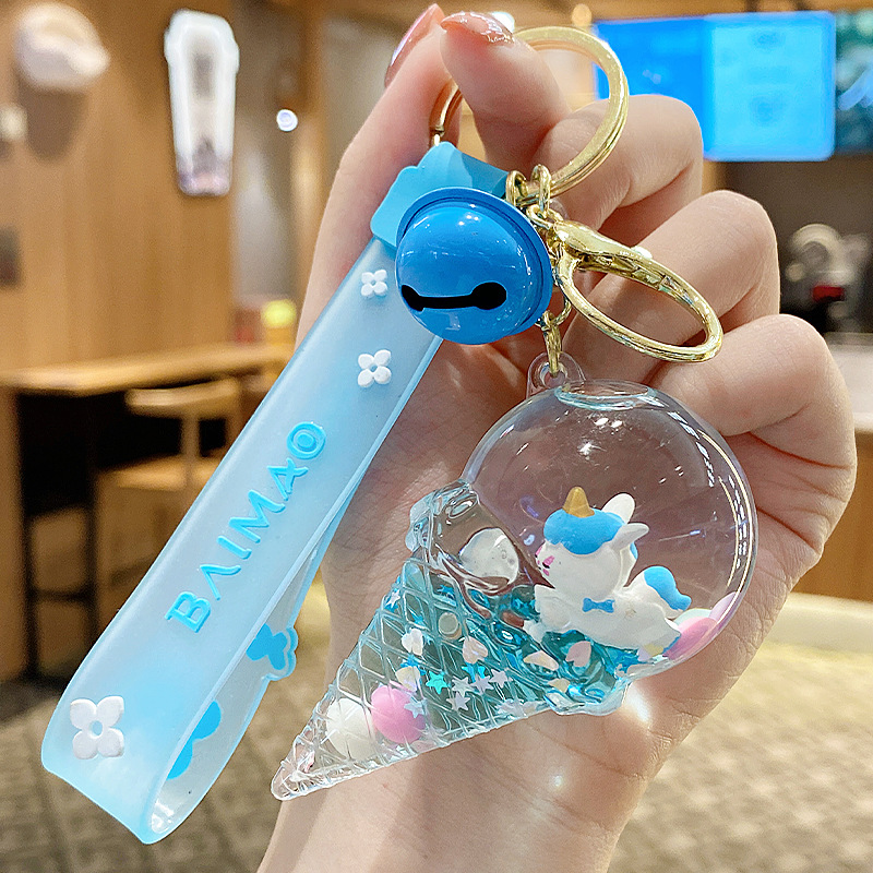 Llavero de unicornio transfronterizo para mujer, exquisito y lindo colgante de botella de arena líquida de cristal con forma de helado, accesorio para mochila, pequeño adorno.