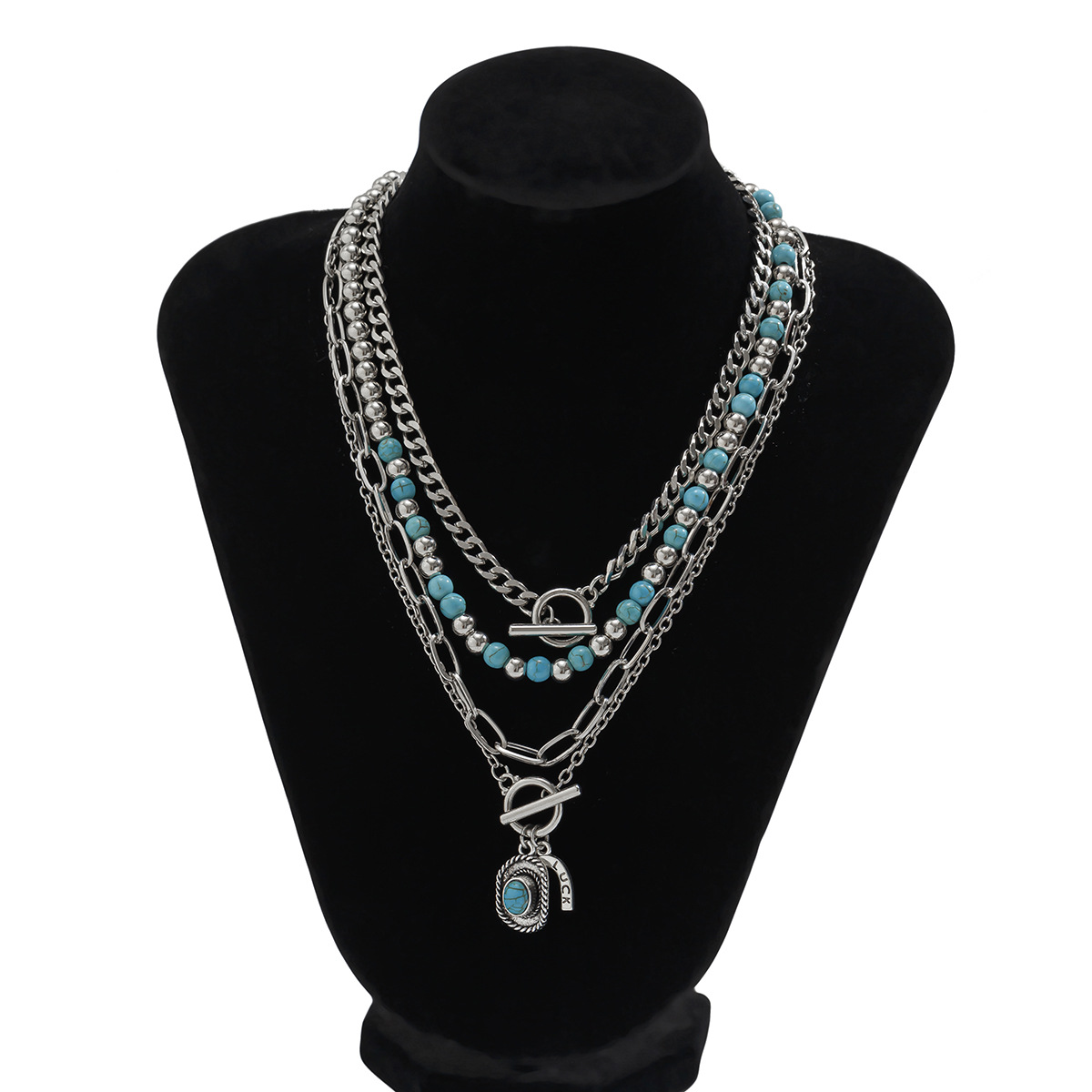 Fahion Multi-layer Artificial Turquoie Necklace Et With Hexagonal Tar Alloy Geometric Collarbone Chain  _voghion.com
