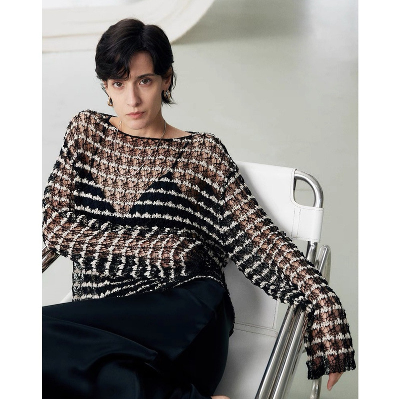 Italy imported linen mercerized cotton fancy flower light through hollow woven feeling loose knit blouse