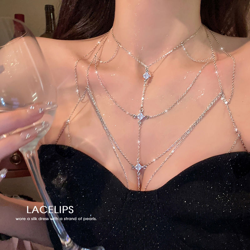 Spilla con zirconi, reggiseno con frange, collana a catena multistrato per il petto, alla moda e sexy, personalizzata._voghion.com