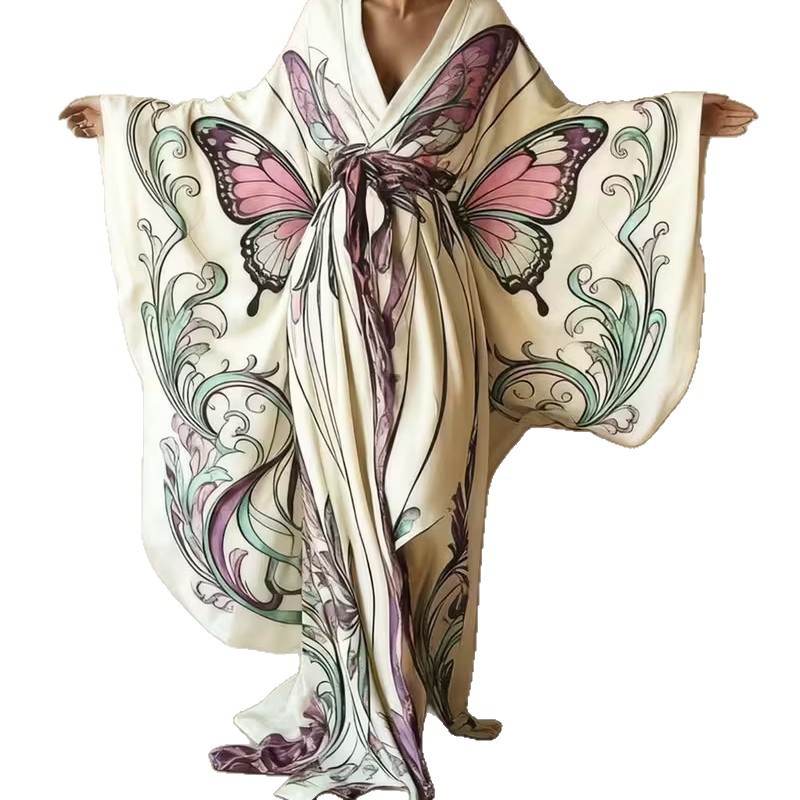 Summer vacation style French retro robe, large hem printed tie dress, bestseller on cross-border Temu independent site