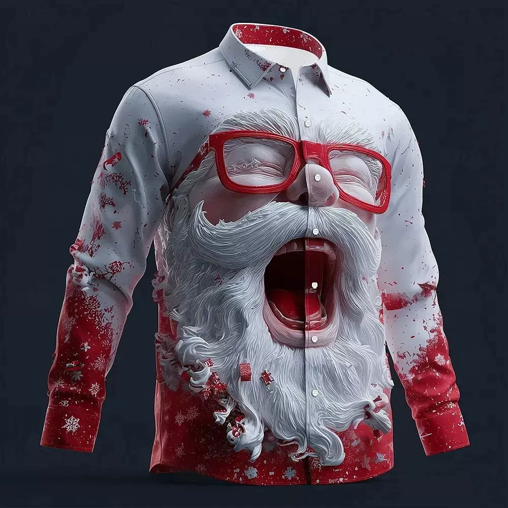圣诞老人笑脸图案 欧码欧美跨境  圣诞节男士3D印花长袖衬衫