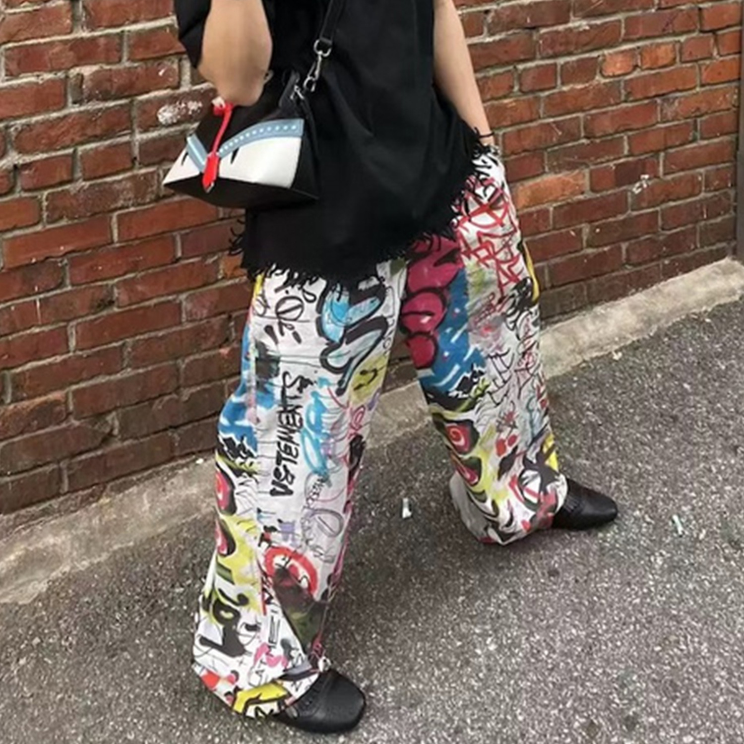 Pantaloni larghi da uomo con stampa graffiti, unisex, larghi, tubolari, multi-taglie, floreali, tendenza_voghion.com