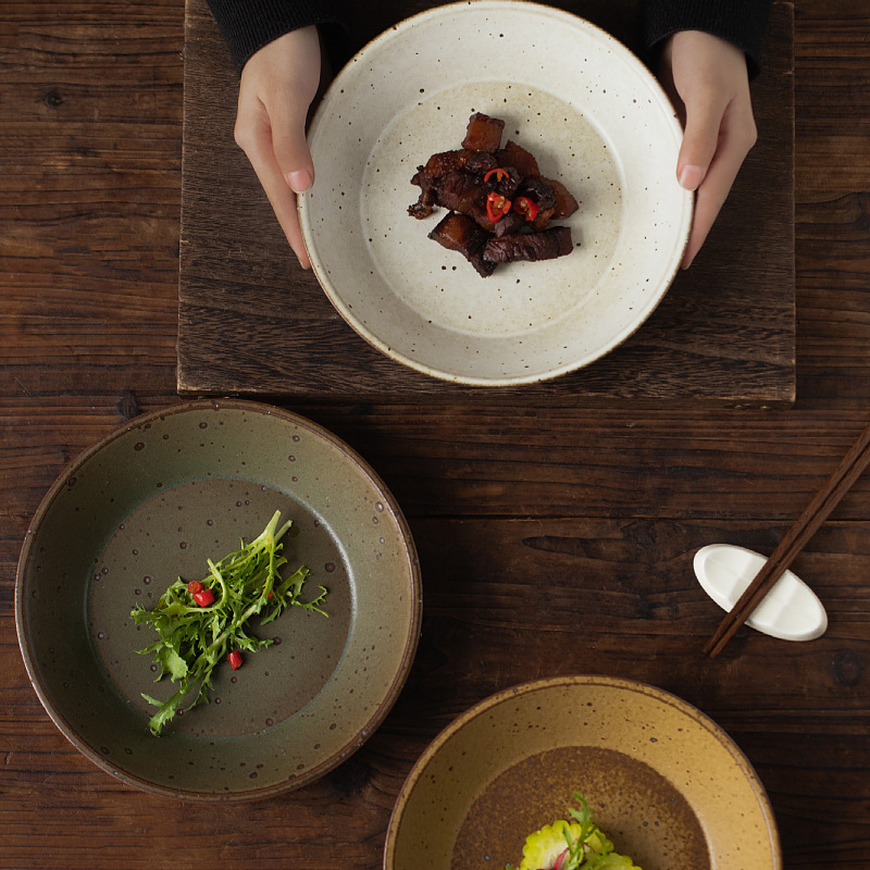 Japanese style stoneware handmade dish household fruit plate hotel restaurant ceramic deep plate double ear pastry plate hemp rope soup basin Japanese style stoneware handmade dish household fruit plate hotel restaurant ceramic deep plate double ear pastry plate hemp rope soup basin