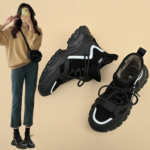 ZHR warm women's shoes thick-soled dad shoes 2023 winter new velvet sports shoes with heels casual black shoes