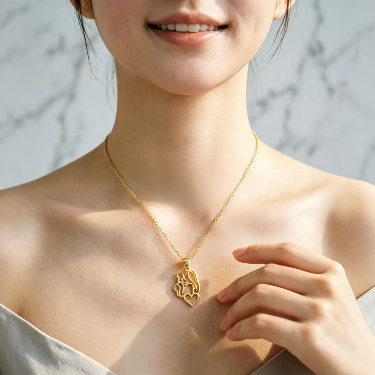 Titanium Steel Women's Necklace Mother's Day Gift Hollow-Out Parent-Child Embrace Heart Pendant Light Luxury Niche Simple Versatile Accessory