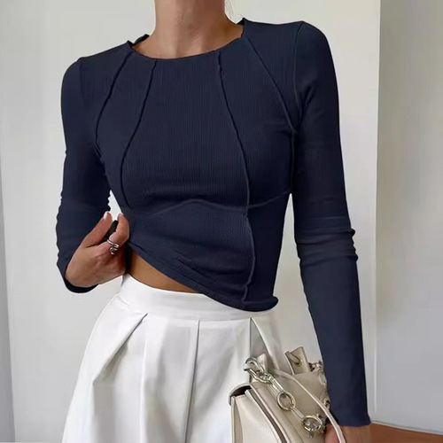 2024 Shein New Spring/Summer Cross-Border E-commerce Sweet & Spicy Solid-Color Split-Chest Long-Sleeve Crewneck T-Shirt