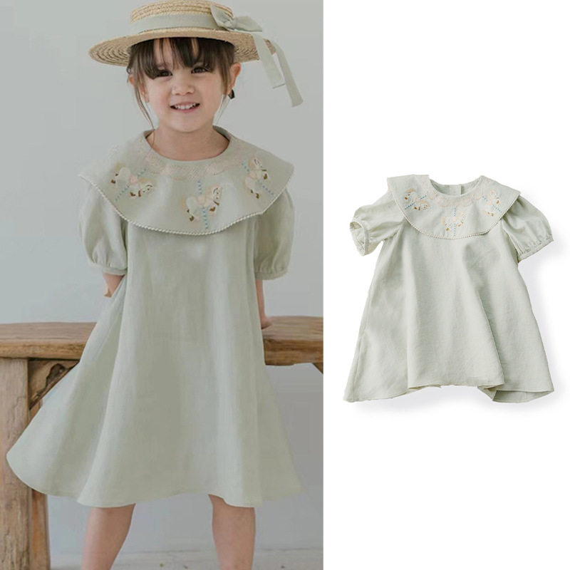2026 New Summer Style Short-Sleeved Dress for Baby Girls, Solid Color Mint Green Embroidered Large Lapel Dress for Girls