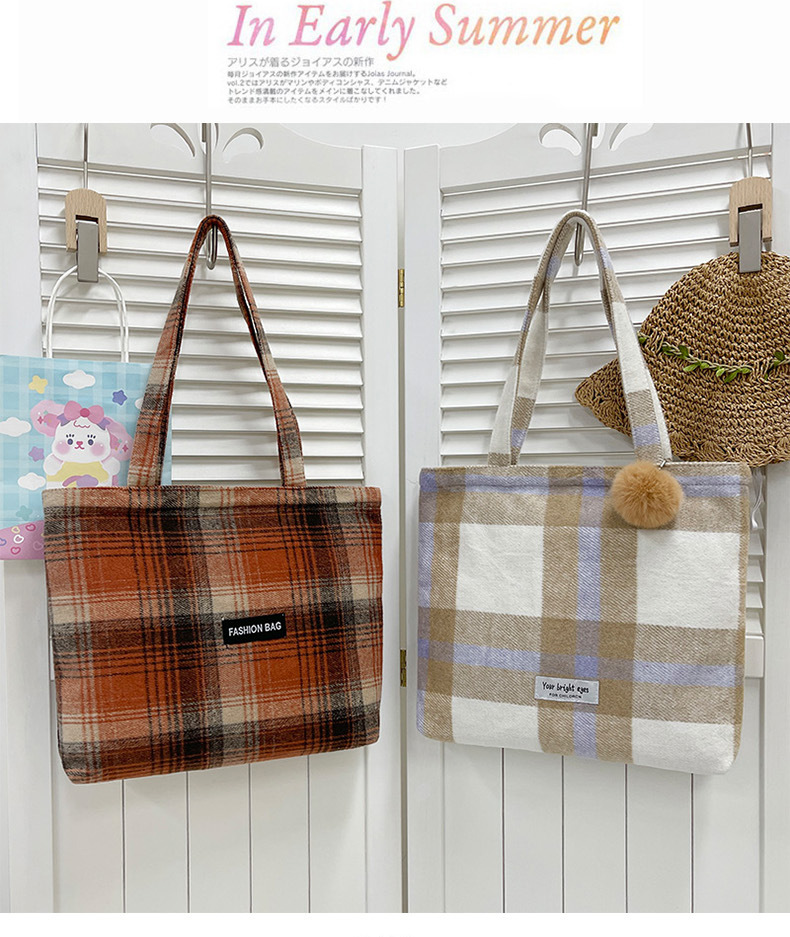 Girls' Japanese-style checkered shopping bags, zipper canvas bags, girls' Korean-style large-capacity student tote bags for class undefined