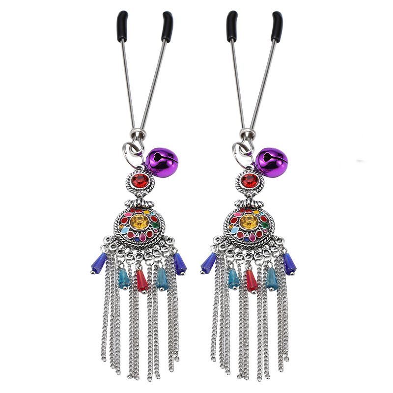 Vintage Metal Nipple Clamps with Feather Tassels, Bohemian Style Pair — detail image 12