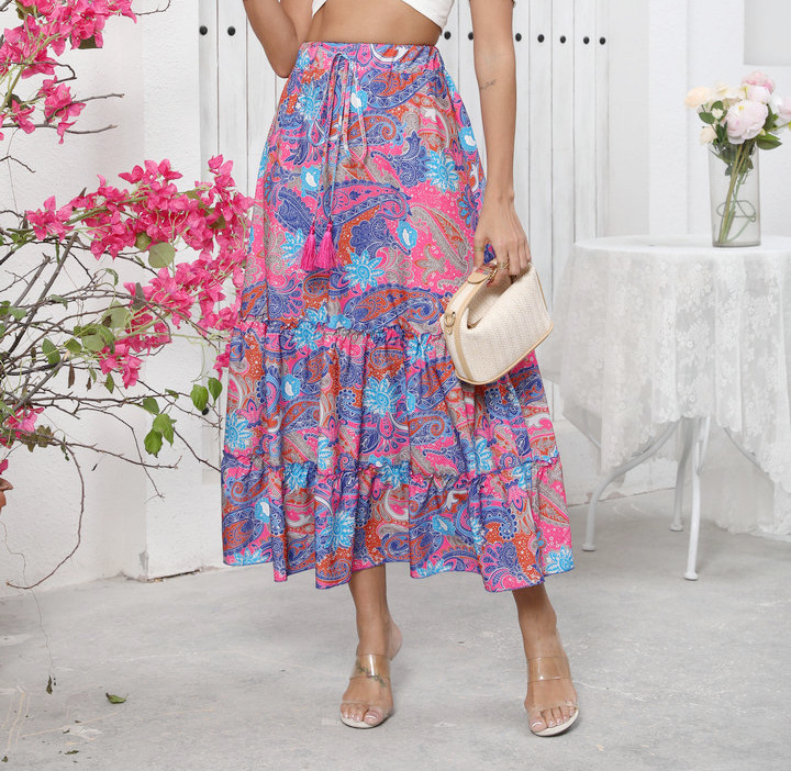 Real Shot Of Cross-border Foreign Trade 2025 Summer New Bohemian Resort Style Printed Flared Skirt For Women_ecoleips.com