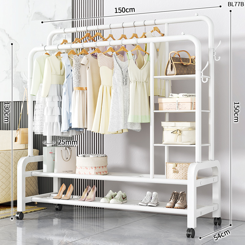 BL77B-25 라운드 코트 랙 더블 로드 더블 사이드 3 레이어 스토리지 네트 4 후크 150 화이트 + 휠