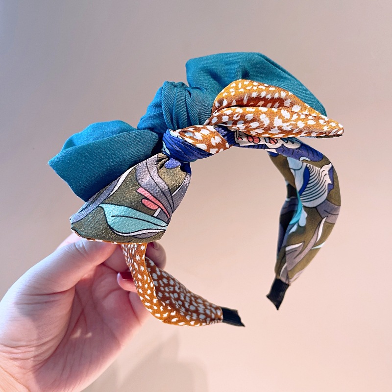 130g Weight Headwear Classification Travel, Festival Occasion Bow Knot Pattern Women'S Gender Retro Style Khaki, Green, Black Color Korean Style Printed Splicing Bows Headband Wholesale Nihaojewelry 4