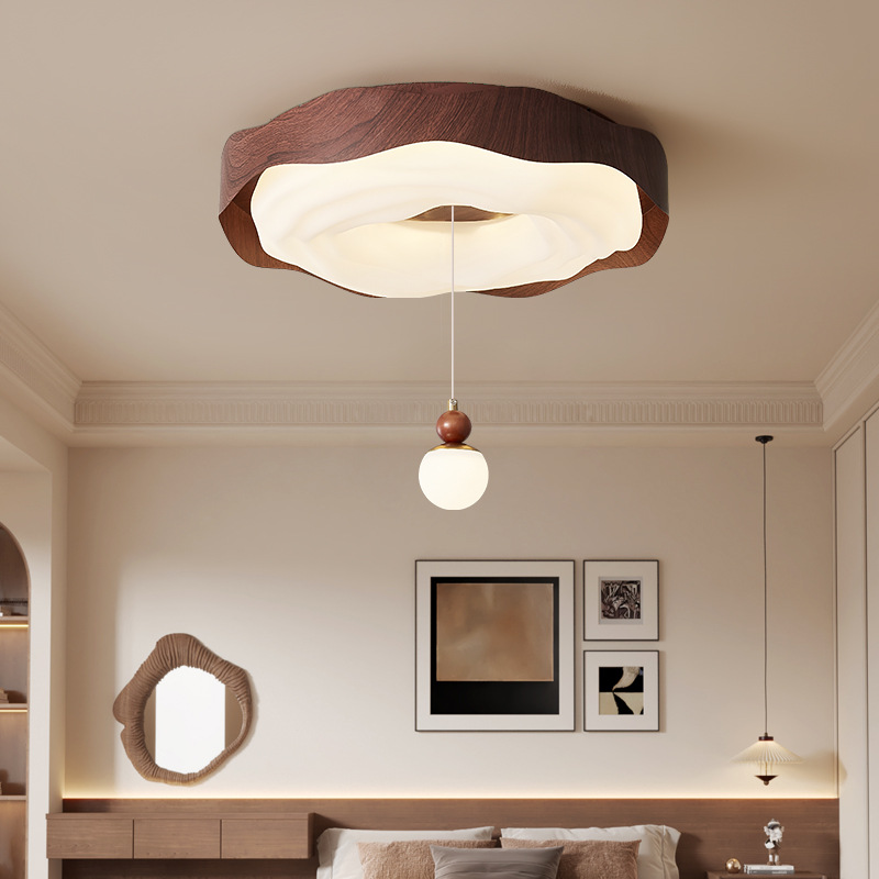 Lámpara de techo de dormitorio, galleta de grano de madera de nogal de estilo antiguo, personalidad creativa, lámpara de dormitorio principal de estilo crema, lámpara de habitación de bola colgante