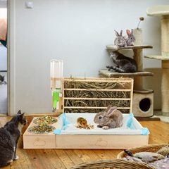 ウサギの干し草給餌器ボウルと水瓶棚木製ウサギの干し草棚給餌マネージャ