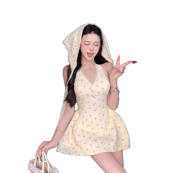 Slight Fat Girl Sweet Spice Girl Design Sense V-neck Hanging Neck dress Women's Summer Pure Wish Waist Floral Vacation Short Skirt