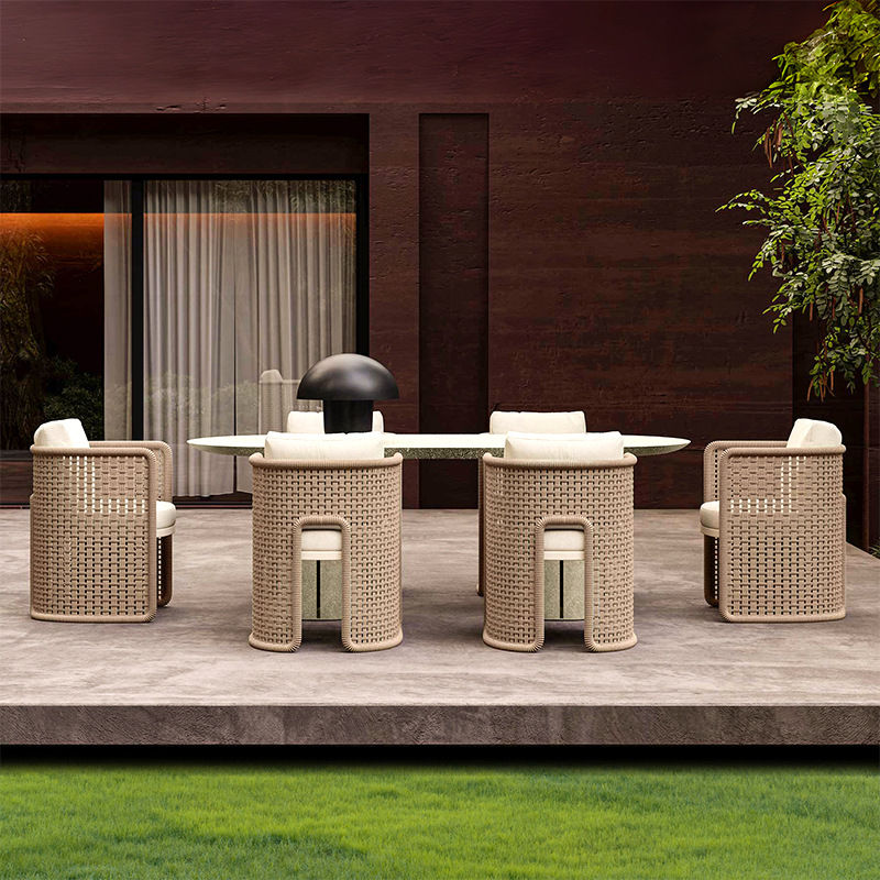 Mesa y silla al aire libre Villa patio al aire libre alojamiento residencial impermeable y protector solar mesa larga al aire libre jardín terraza combinación de silla de caña ocio