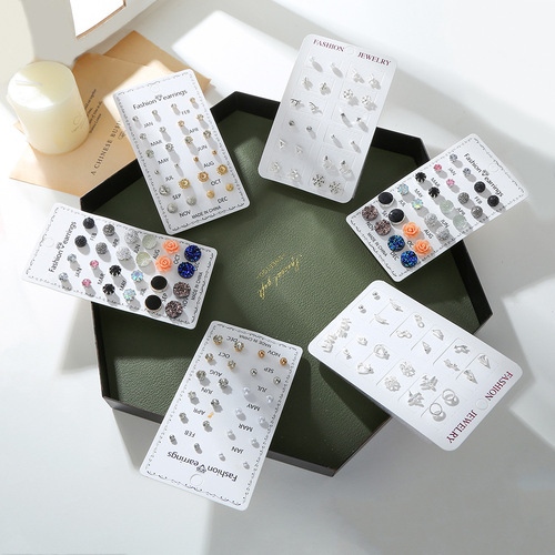 Korean Version New 12 Pair Diamond and Pearl Earrings Set, Combination of Large and Small Diamonds, Simple and Fashionable Earrings Accessories for Wholesale