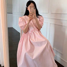大码韩国chic夏季甜美气质圆领褶皱拼接木耳边宽松泡泡袖连衣裙女