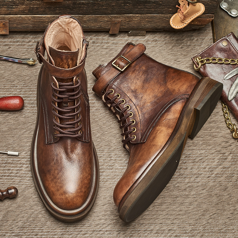 秋冬英伦男士复古组合中筒百搭做旧厚底时尚高帮真皮马丁靴子E131