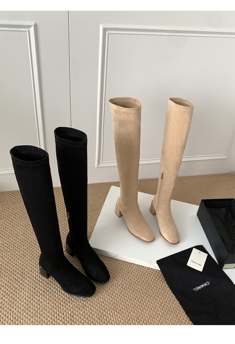 Boot nữ cổ cao ôm chân co giãn da lộn gót cao 9 cm — đen, mơ chi tiết 28