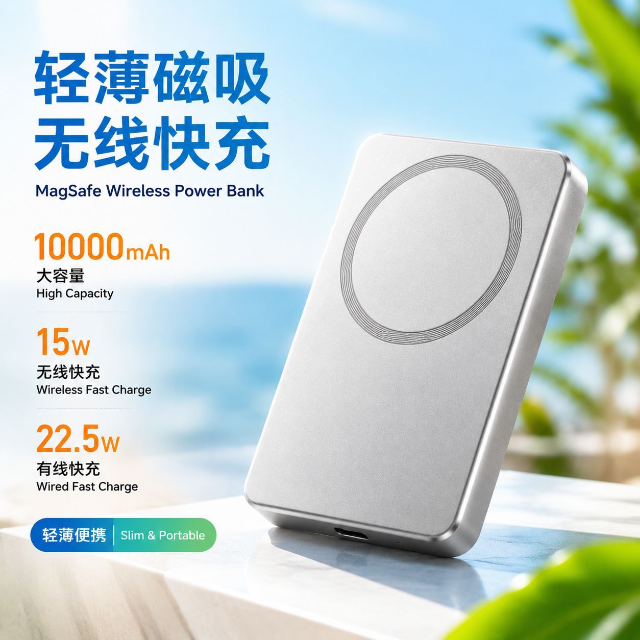 Magnetic Power Bank 3C Certified 15W Wireless Fast Charging for Apple and Xiaomi, Ultra-thin Portable Dual-Port Fast Charging Mobile Power Bank