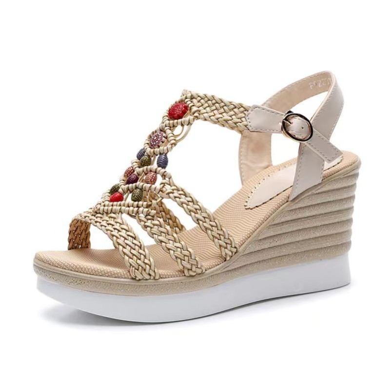 2024 New Summer Style Ethnic Style Wedge Sandals for Women, Thick-Soled Travel Sandals, Heightening Wave High Heels, Versatile