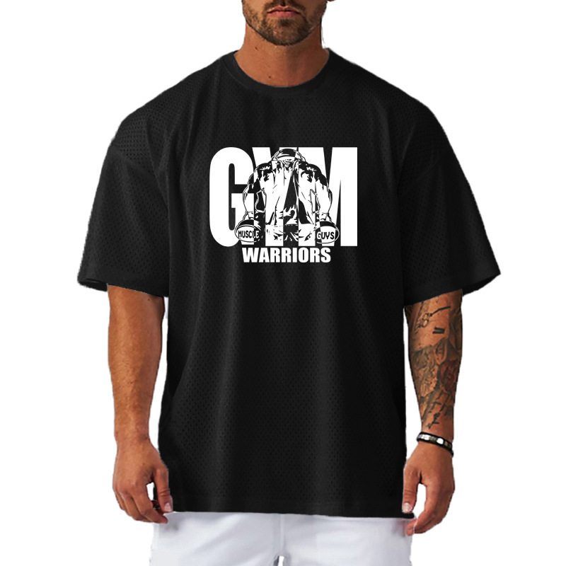 European and American Fitness Bodybuilding Muscle Men's Gym Sportswear Summer Mesh Breathable T-shirt Plus Size Short Sleeve