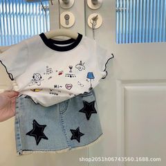 2024新款女童夏季套裝女寶寶卡通撞色短袖t恤洋氣牛仔短裙