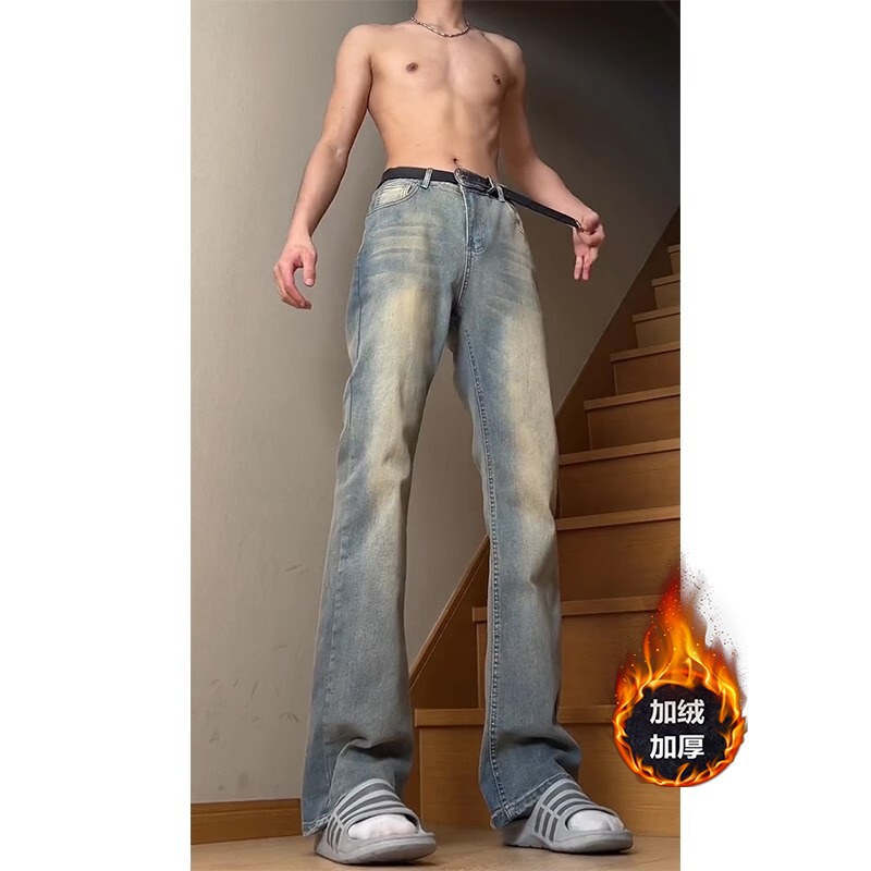 Men's Straight-Leg Slim-Fit Flared Jeans, New American Vibe High Street Style, Fleece-Lined for Autumn and Winter 2025