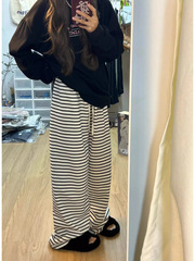 秋大码胖mm条纹阔腿裤女春秋2-300斤高腰垂感宽松运动绑带直筒裤