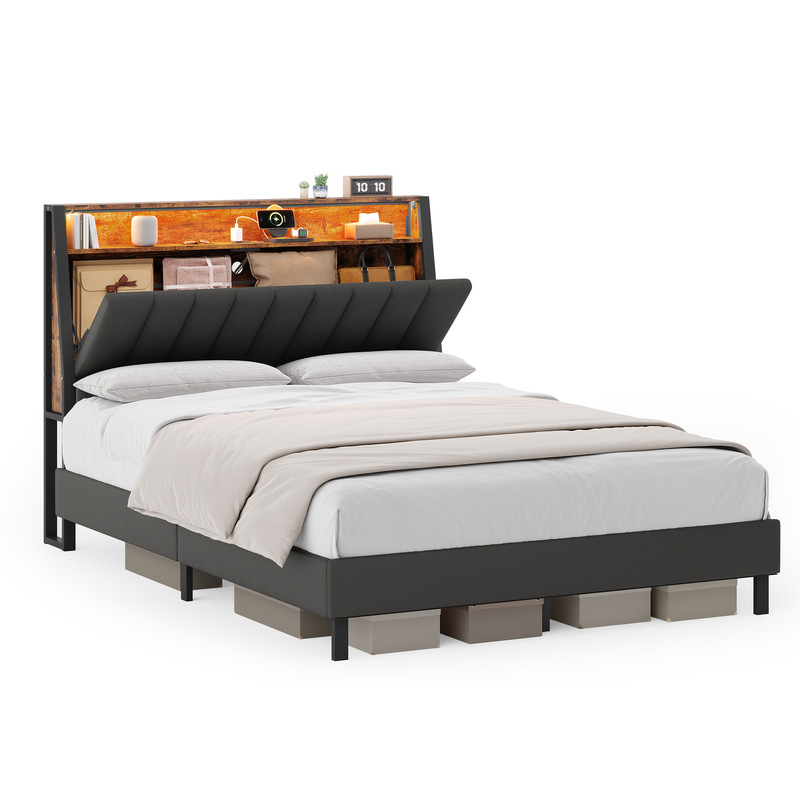 Adjustable Double Bed with Storage Headboard, Large Led Lighted Bed Frame
