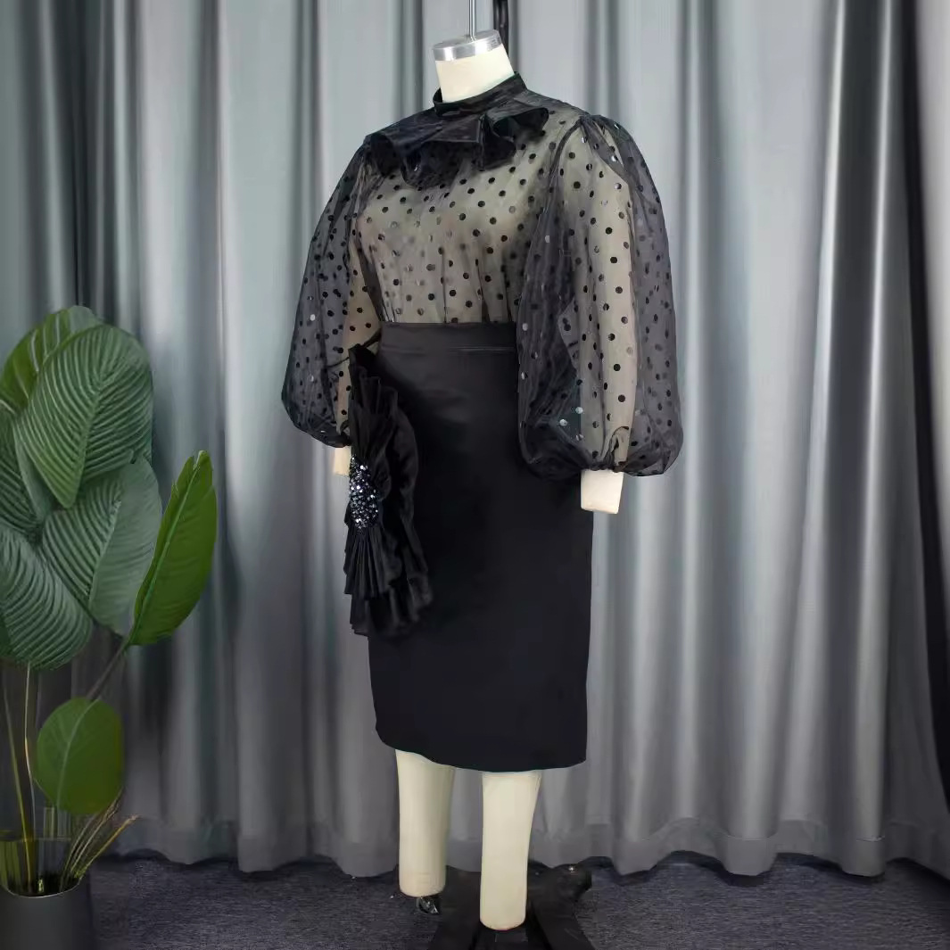 Ropa de mujer Conjunto de dos piezas de blusa de malla con lunares transparentes y falda floral tridimensional Conjunto de dos piezas_voghion.com
