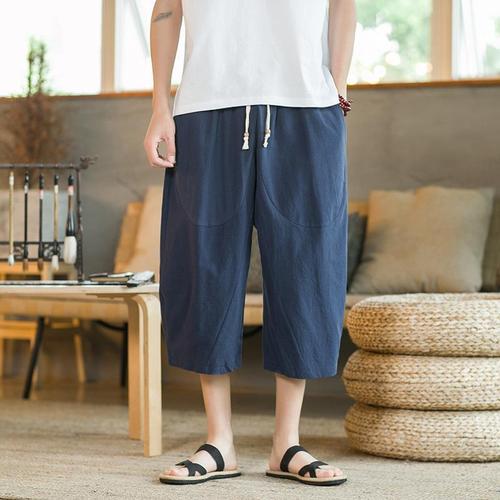 Cotton Linen Loose Fit Unisex Linen 7/8 Pants Chinese Style Summer Wear Trend Brand Thin Hem Flared Casual Short Pants