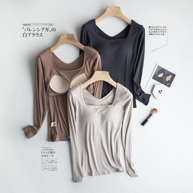 Thread square collar long-sleeved T-shirt with chest pad bra-t one-piece women's autumn and winter sports base yoga factory wholesale