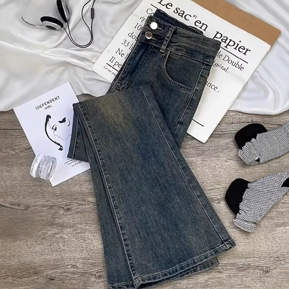 New Cement Gray Flared Jeans for Women 2025 High-Waisted Slimming Fashion Versatile Petite Bell-Bottom Floor-Length Pants