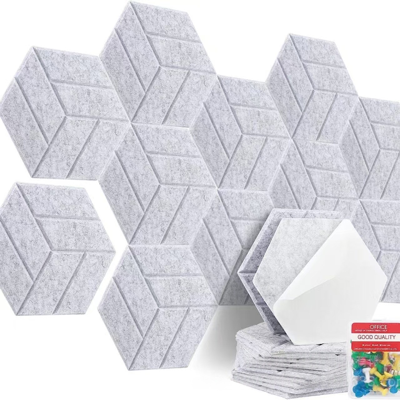 跨境现货专供自粘平面六边形聚酯纤维吸音板声学板毛毡隔音板