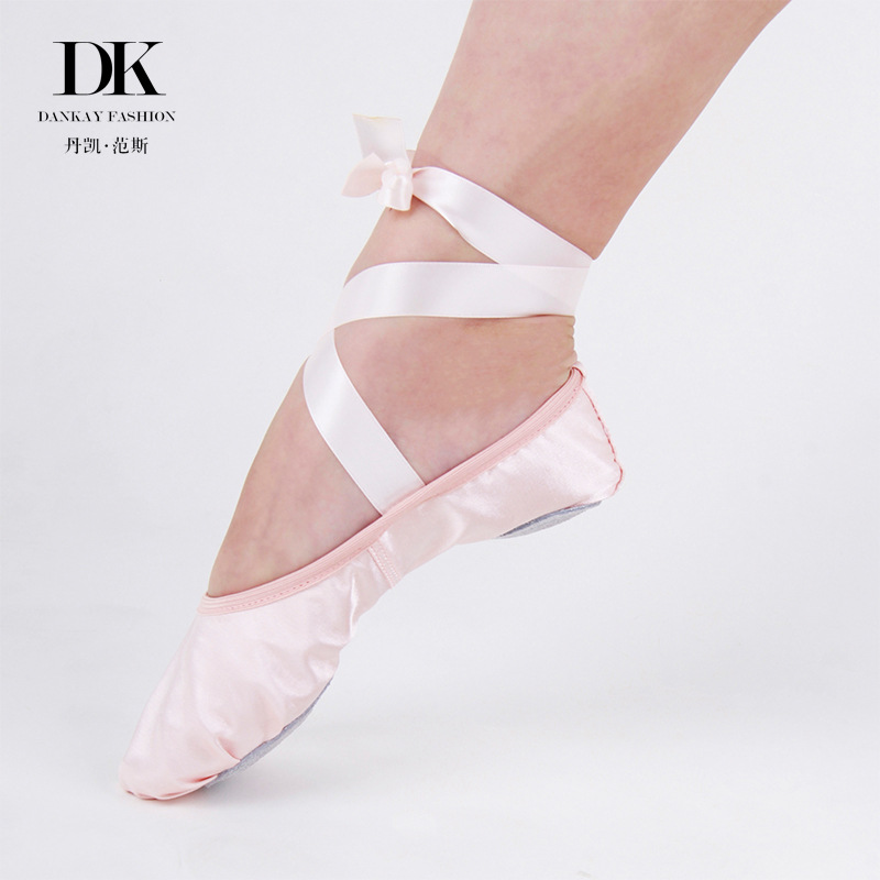 Dankai Satin Soft-Soled Ballet Dance Shoes for Children, Pink Satin Ribbon Practice Shoes Without Toe Cap, Lace-Up Cat Paw Shoes, Flat Heel