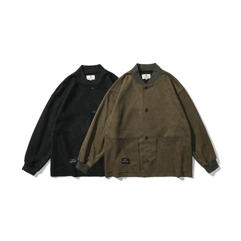봄과 가을 일본 스타일 빈티지 딥 스웨이드 루즈 숄더 야구 칼라 재킷 남성과 여성을위한 트렌디 한 재킷
